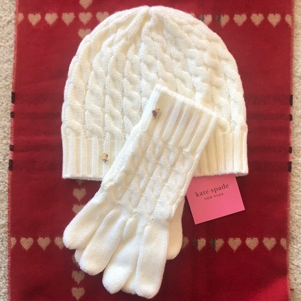 Brand New Kate Spade Cable Beanie Hat & Gloves Set Cream